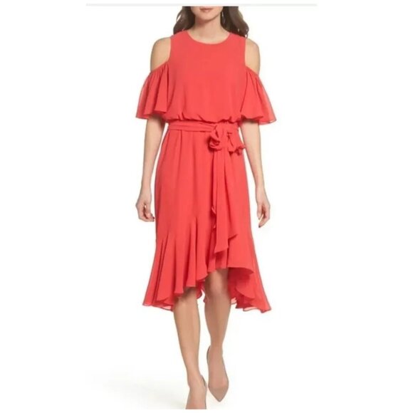 NWT Eliza J Poppy Cold Shoulder Ruffle Hi-Low Dress - Picture 1 of 10